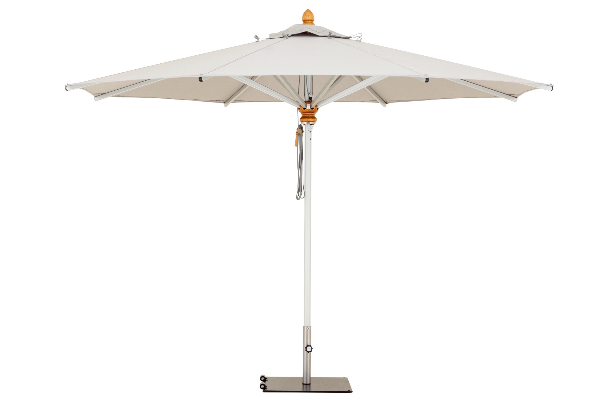 Center Pole Bravura premium aluminium outdoor parasol with handcrafted timber hub and rope-and-pulley system by EcoCraft Outdoor Shade Solutions